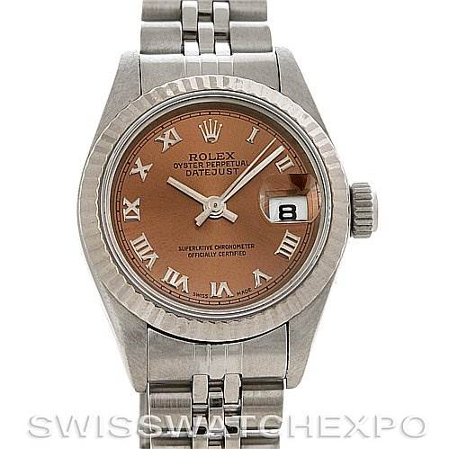 This is a front angle view showing the dial, bezel, and bracelet of the Rolex Datejust 69174 Women's Stainless Steel Pink Dial 69174 Women's Stainless Steel Pink Dial watch.