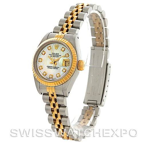 Rolex Datejust Ladies Steel 18k Yellow Gold Mother of Pearl Diamond Dial 69173 SwissWatchExpo