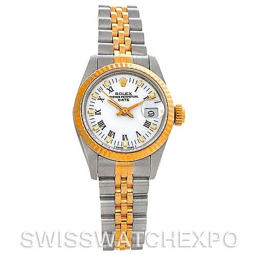 This Rolex Datejust 69173 Women's Stainless Steel White Dial 69173 Women's Stainless Steel White Dial watch is shown from a top-down angle, highlighting its two-tone bracelet, white dial, and date window.