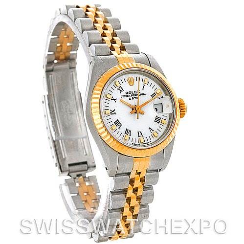 This image shows a Rolex Datejust 69173 Women's Stainless Steel White Dial 69173 Women's Stainless Steel White Dial watch from an angled side view, displaying the bezel, dial, bracelet, and clasp.