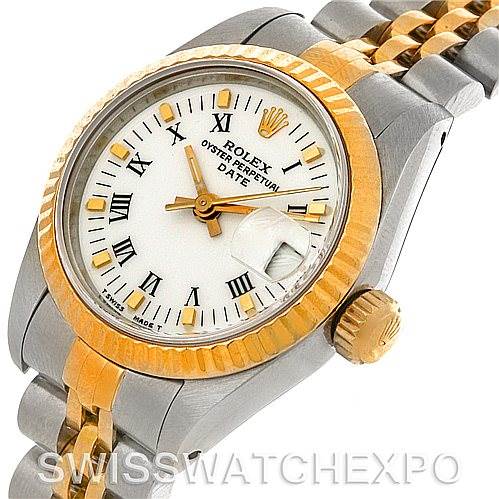 This image shows a close-up angle of a Rolex Datejust 69173 Women's Stainless Steel White Dial 69173 Women's Stainless Steel White Dial watch, highlighting its face, bezel, crown, and part of the bracelet.