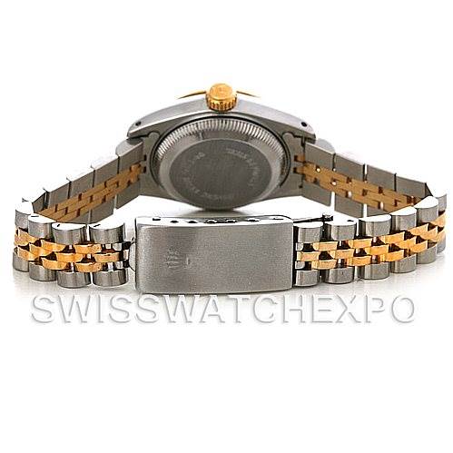 This image shows the back view of a Rolex Datejust 69173 Women's Stainless Steel White Dial 69173 Women's Stainless Steel White Dial watch, highlighting the clasp and two-tone bracelet.