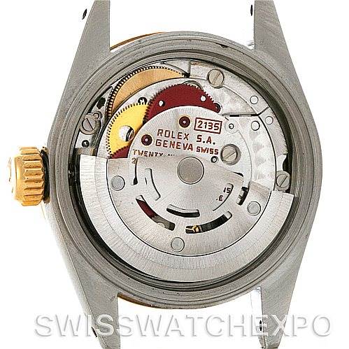 This image shows the internal mechanism of a Rolex Datejust 69173 Women's Stainless Steel White Dial 69173 Women's Stainless Steel White Dial watch viewed from the back with the caseback removed.