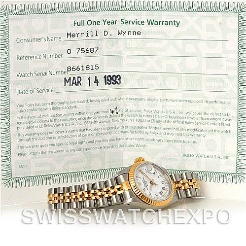 This image shows a Rolex Datejust 69173 Women's Stainless Steel White Dial 69173 Women's Stainless Steel White Dial watch along with a full one-year service warranty certificate.