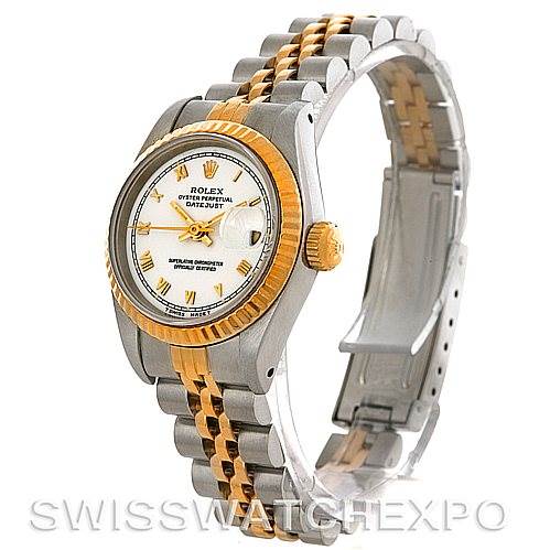 The Rolex Datejust 69173 Women's Stainless Steel White Dial 69173 Women's Stainless Steel White Dial watch is shown from an angled front view, showcasing its face, bezel, crown, and two-tone bracelet.