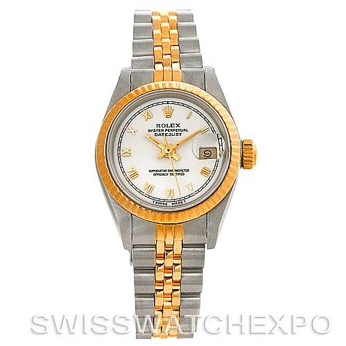The image shows a frontal view of a Rolex Datejust 69173 Women's Stainless Steel White Dial 69173 Women's Stainless Steel White Dial watch, highlighting its face, bezel, crown, and two-tone bracelet.
