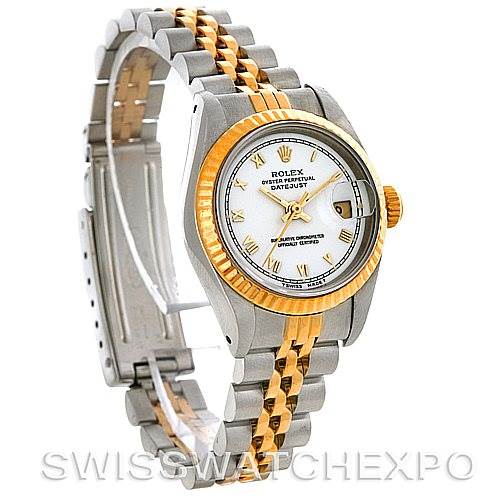 The Rolex Datejust 69173 Women's Stainless Steel White Dial 69173 Women's Stainless Steel White Dial watch is shown at an angled view, displaying the dial, bracelet, bezel, and clasp.