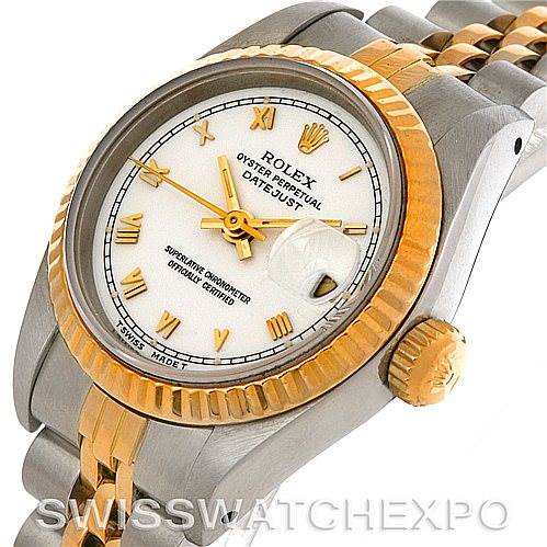 This image shows a close-up, angled view of a Rolex Datejust 69173 Women's Stainless Steel White Dial 69173 Women's Stainless Steel White Dial watch, highlighting the bezel, dial, crown, and Jubilee bracelet.