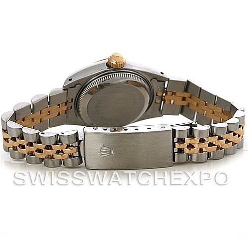The image shows the back and bracelet of a Rolex Datejust 69173 Women's Stainless Steel White Dial 69173 Women's Stainless Steel White Dial watch, highlighting the clasp and two-tone metal design.