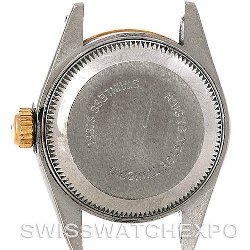 The image shows the back case of a Rolex Datejust 69173 Women's Stainless Steel White Dial 69173 Women's Stainless Steel White Dial watch, displaying the crown, case back, and lugs.