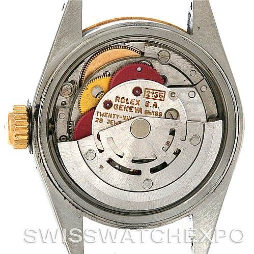 The image shows the internal movement mechanism of a Rolex Datejust 69173 Women's Stainless Steel White Dial 69173 Women's Stainless Steel White Dial watch from a rear angle.