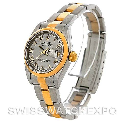 This Datejust Rolex watch is angled to show the face, bezel, crown, and part of the bracelet.