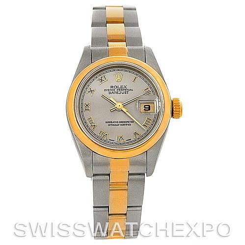 This image shows a Rolex Datejust 69163 Women's Stainless Steel Grey Dial 69163 Women's Stainless Steel Grey Dial watch from a front angle, highlighting its face, hands, bezel, and bracelet.