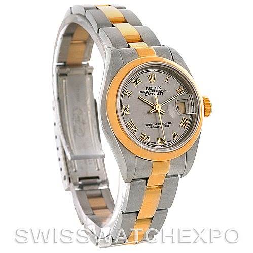 This image shows a Rolex Datejust 69163 Women's Stainless Steel Grey Dial 69163 Women's Stainless Steel Grey Dial watch, displaying its face, bezel, and part of the bracelet at an oblique angle.