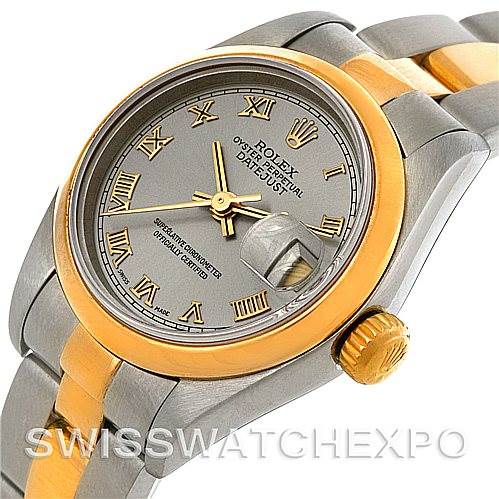 The image shows a close-up angled view of the Rolex Datejust 69163 Women's Stainless Steel Grey Dial 69163 Women's Stainless Steel Grey Dial watch, highlighting the face, crown, and two-tone bracelet.