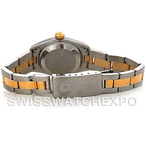 The image shows the backside and the partially deployed clasp of a Rolex Datejust 69163 Women's Stainless Steel Grey Dial 69163 Women's Stainless Steel Grey Dial watch.