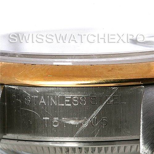 This image shows a close-up of the side engraving on a stainless steel Rolex Datejust 69163 Women's Stainless Steel Grey Dial 69163 Women's Stainless Steel Grey Dial.