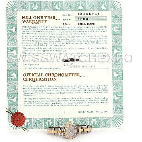 The image shows a Rolex Datejust 69163 Women's Stainless Steel Grey Dial 69163 Women's Stainless Steel Grey Dial watch bracelet and face in front of a warranty and chronometer certification document.