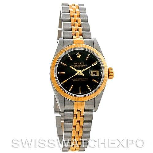 The image shows a front angle of a Rolex Datejust 69173 Women's Stainless Steel Black Dial 69173 Women's Stainless Steel Black Dial watch with a two-tone metal bracelet and a black dial.