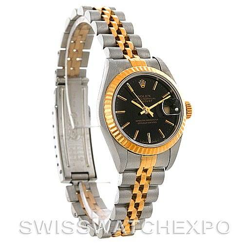 The image shows a Rolex Datejust 69173 Women's Stainless Steel Black Dial 69173 Women's Stainless Steel Black Dial watch at an angled side view, highlighting its two-tone bracelet, fluted bezel, and black dial.
