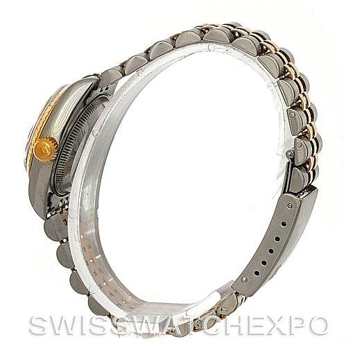 The image shows a side profile and partial view of the bracelet of a Rolex Datejust 69173 Women's Stainless Steel Black Dial 69173 Women's Stainless Steel Black Dial watch.
