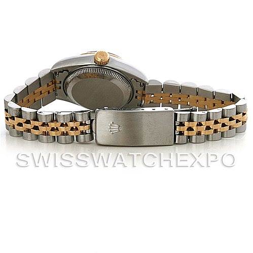 This image shows the back view of a Rolex Datejust 69173 Women's Stainless Steel Black Dial 69173 Women's Stainless Steel Black Dial watch, highlighting the Jubilee bracelet and the clasp with a Rolex logo.