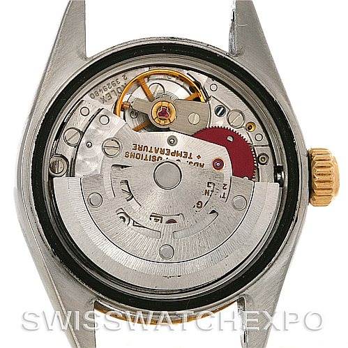 The image shows the movement and inner mechanism of a Rolex Datejust 69173 Women's Stainless Steel Black Dial 69173 Women's Stainless Steel Black Dial watch from a back angle.