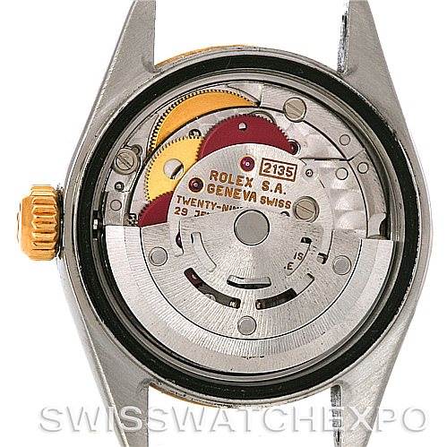 This image shows the inner mechanics and movement of a Rolex Datejust 69173 Women's Stainless Steel Black Dial 69173 Women's Stainless Steel Black Dial watch from the back.