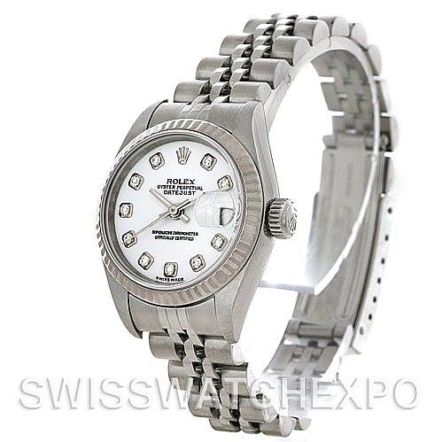 The image shows a Rolex Datejust 79174 Women's Stainless Steel White Dial 79174 Women's Stainless Steel White Dial watch at a three-quarter angle, highlighting the face, bezel, crown, and bracelet.