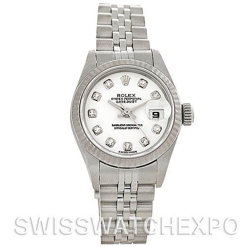 The image shows a front view of a Rolex Datejust 79174 Women's Stainless Steel White Dial 79174 Women's Stainless Steel White Dial, displaying the dial, bezel, crown, and bracelet.