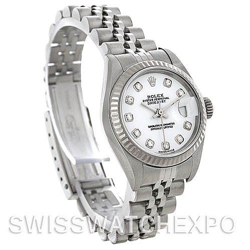 This image shows a Rolex Datejust 79174 Women's Stainless Steel White Dial 79174 Women's Stainless Steel White Dial watch angled to display the face, bezel, crown, and bracelet.