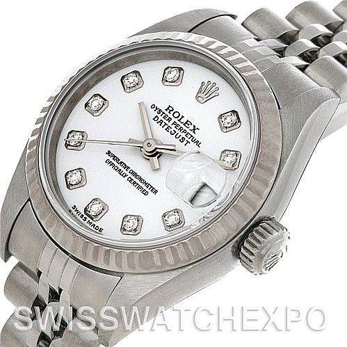 This image shows the Rolex Datejust 79174 Women's Stainless Steel White Dial 79174 Women's Stainless Steel White Dial watch from an angled view, highlighting the dial, bezel, crown, and part of the bracelet.