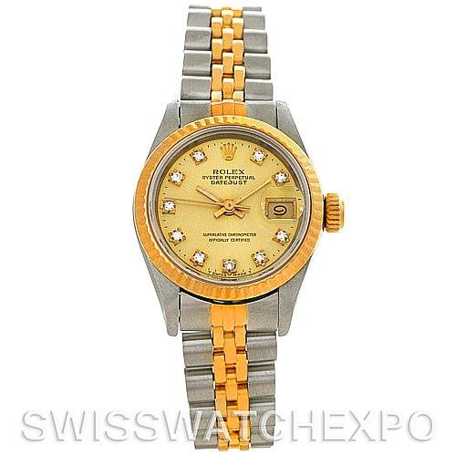 This image shows a front view of a Rolex Datejust 69173 Women's Stainless Steel Champagne Dial 69173 Women's Stainless Steel Champagne Dial watch, featuring a two-tone gold and silver bracelet and a diamond-accented dial.