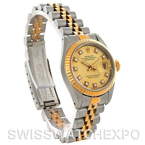 The Rolex Datejust 69173 Women's Stainless Steel Champagne Dial 69173 Women's Stainless Steel Champagne Dial watch is shown at a three-quarter angle, displaying the bezel, dial, and bracelet.