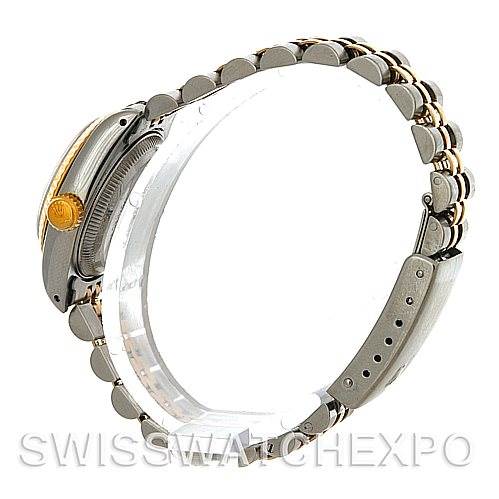 This image shows a side view of the Rolex Datejust 69173 Women's Stainless Steel Champagne Dial 69173 Women's Stainless Steel Champagne Dial watch, highlighting the bracelet, crown, and side profile of the case.