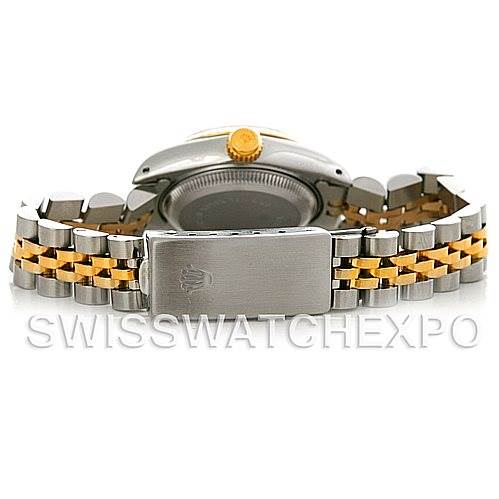 This image shows the back view of a Rolex Datejust 69173 Women's Stainless Steel Champagne Dial 69173 Women's Stainless Steel Champagne Dial watch, highlighting the two-tone bracelet and clasp.