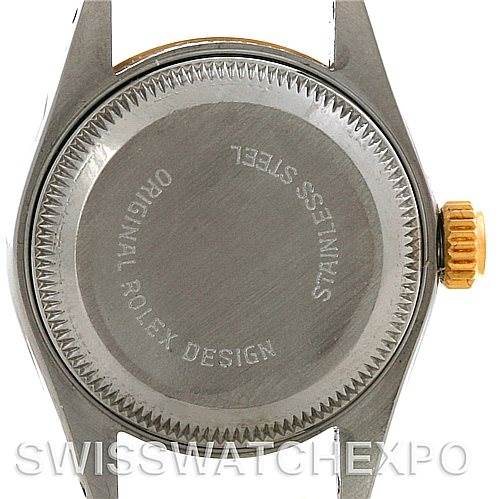 The image shows the case back and crown of a Rolex Datejust 69173 Women's Stainless Steel Champagne Dial 69173 Women's Stainless Steel Champagne Dial watch.