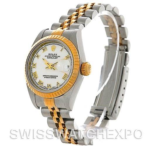 This image shows a Rolex Datejust 69173 Women's Stainless Steel White Dial 69173 Women's Stainless Steel White Dial watch, featuring its face, bezel, crown, and two-tone bracelet at an angle.