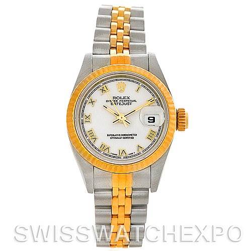 This image shows a Rolex Datejust 69173 Women's Stainless Steel White Dial 69173 Women's Stainless Steel White Dial watch from a top-down angle, highlighting its bezel, dial, bracelet, and crown.