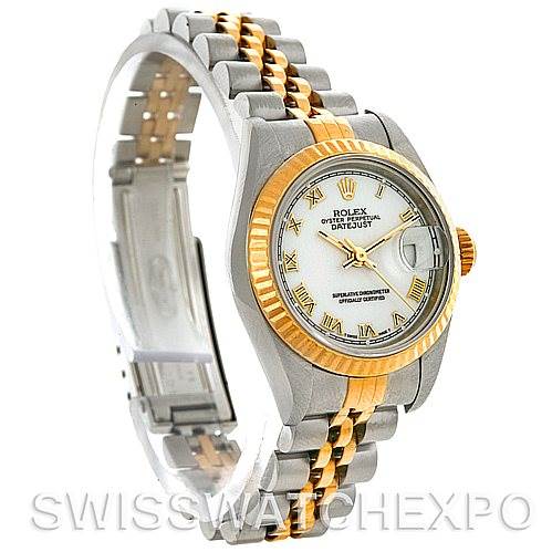 This image shows a Rolex Datejust 69173 Women's Stainless Steel White Dial 69173 Women's Stainless Steel White Dial watch from an oblique angle, highlighting the dial, bezel, and two-tone bracelet.