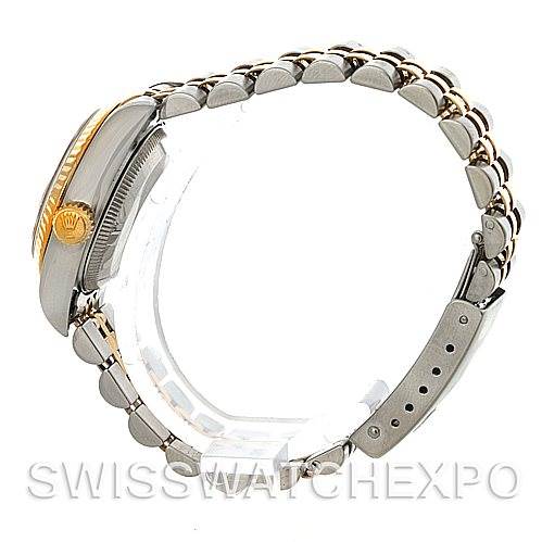 The image shows a side view of a Rolex Datejust 69173 Women's Stainless Steel White Dial 69173 Women's Stainless Steel White Dial watch, highlighting the case, bracelet, clasp, and crown with the Rolex logo.