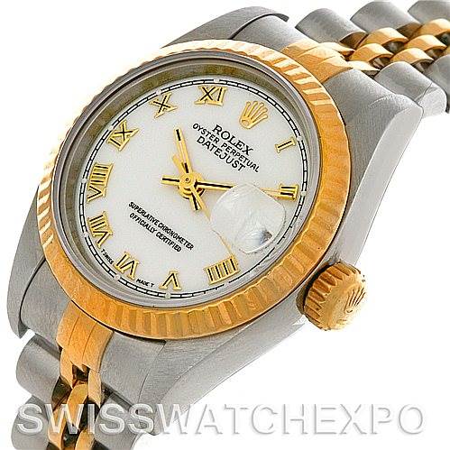 This image shows a Rolex Datejust 69173 Women's Stainless Steel White Dial 69173 Women's Stainless Steel White Dial watch at a three-quarter angle, highlighting the dial, bezel, crown, and part of the bracelet.