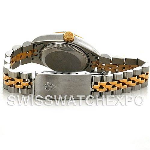 The image shows the back view of a Rolex Datejust 69173 Women's Stainless Steel White Dial 69173 Women's Stainless Steel White Dial, featuring the watch case and two-tone jubilee bracelet.