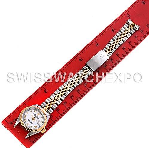 The Rolex Datejust 69173 Women's Stainless Steel White Dial 69173 Women's Stainless Steel White Dial watch model is shown from a top-down angle, displaying its face, bracelet, and clasp.