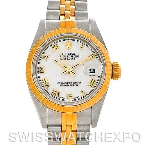 This is a front-angle view of a Rolex Datejust 69173 Women's Stainless Steel White Dial 69173 Women's Stainless Steel White Dial watch, showing the dial, bezel, bracelet, and crown.