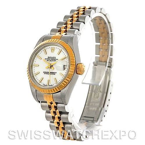 The image shows a Rolex Datejust 69173 Women's Stainless Steel White Dial 69173 Women's Stainless Steel White Dial watch at an angled view, highlighting the two-tone bracelet, case, and fluted bezel.