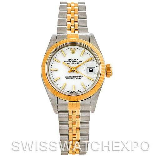 The image shows a Rolex Datejust 69173 Women's Stainless Steel White Dial 69173 Women's Stainless Steel White Dial watch from a straight-on angle, featuring its face, bezel, and two-tone bracelet.