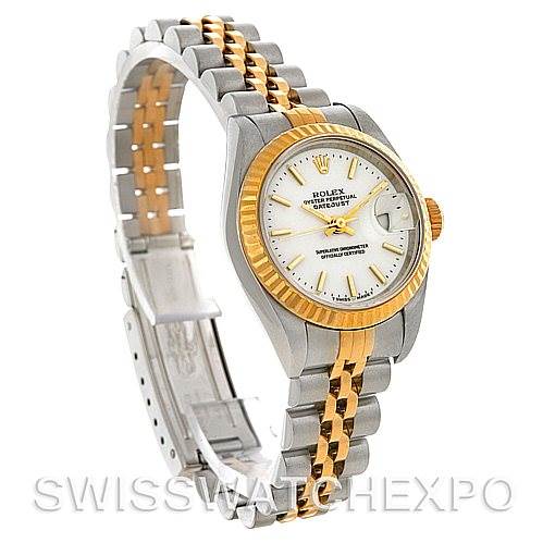 This image shows a Rolex Datejust 69173 Women's Stainless Steel White Dial 69173 Women's Stainless Steel White Dial model watch from an oblique angle, highlighting its two-tone bracelet and fluted bezel.