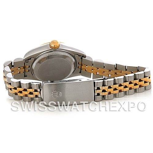 This image shows the back of a Rolex Datejust 69173 Women's Stainless Steel White Dial 69173 Women's Stainless Steel White Dial watch with a two-tone bracelet and the closed clasp.