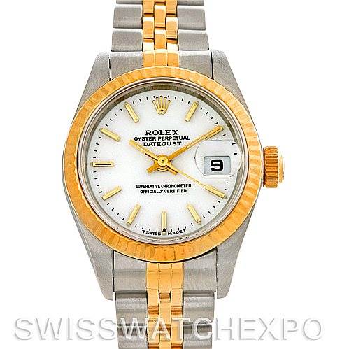 This image shows a Rolex Datejust 69173 Women's Stainless Steel White Dial 69173 Women's Stainless Steel White Dial watch from a front angle, highlighting the face, bezel, crown, and two-tone bracelet.